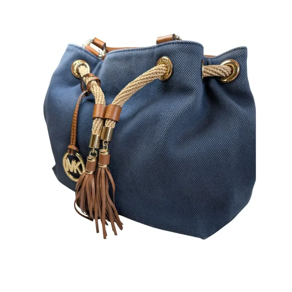 Michael Kors Marina Canvas Rope Tassel Large Bucket Bag Drawstring Blue